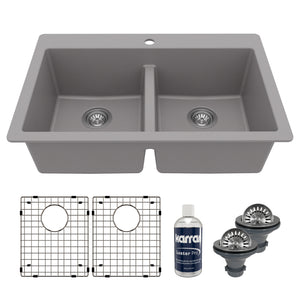 Main Image of Karran 33" Drop In/Topmount Quartz Composite Kitchen Sink Kit, 50/50 Double Bowl, Grey, QT-810-GR-PK1