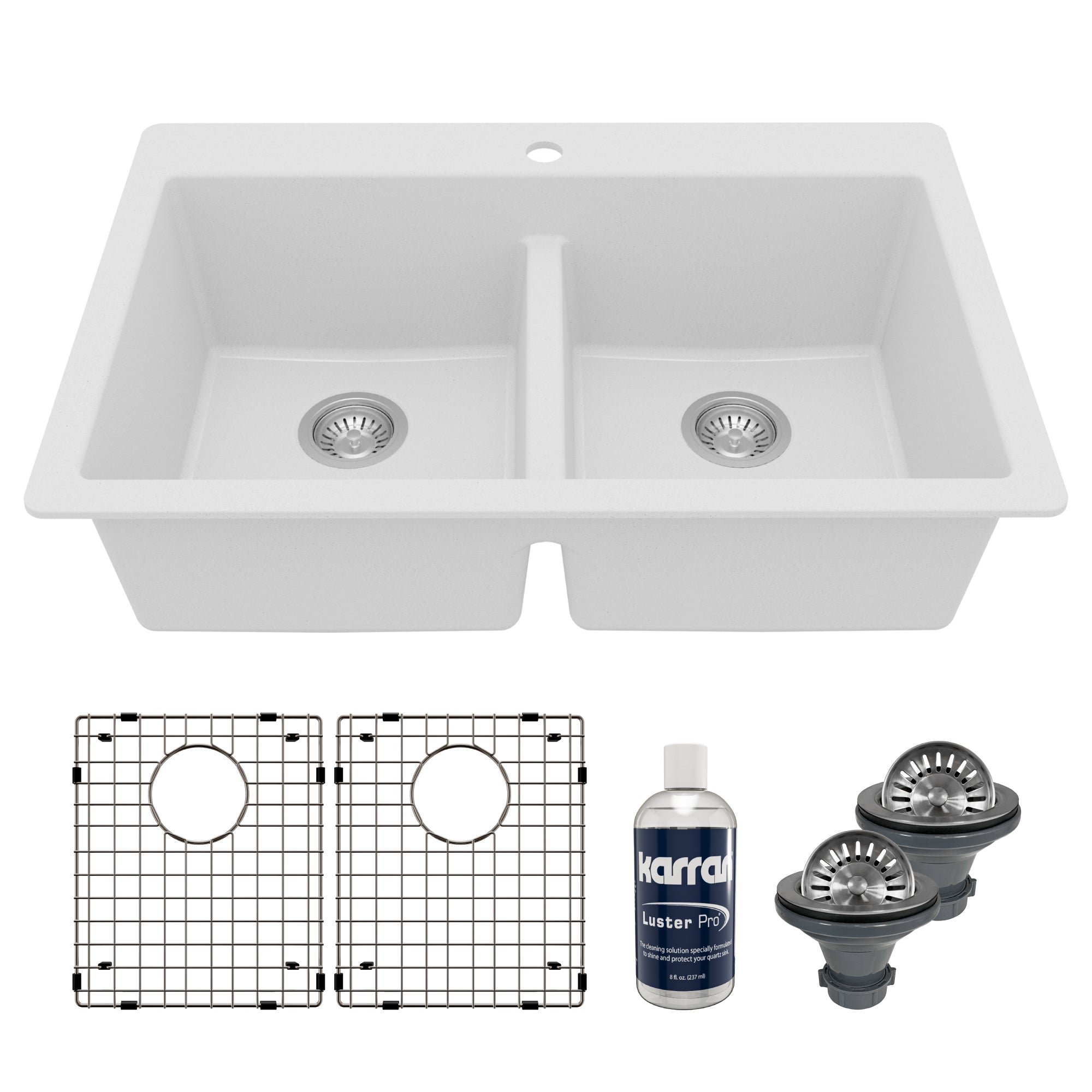 Main Image of Karran 33" Drop In/Topmount Quartz Composite Kitchen Sink with Accessories, 50/50 Double Bowl, White, QT-810-WH-PK1