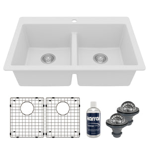 Main Image of Karran 33" Drop In/Topmount Quartz Composite Kitchen Sink with Accessories, 50/50 Double Bowl, White, QT-810-WH-PK1