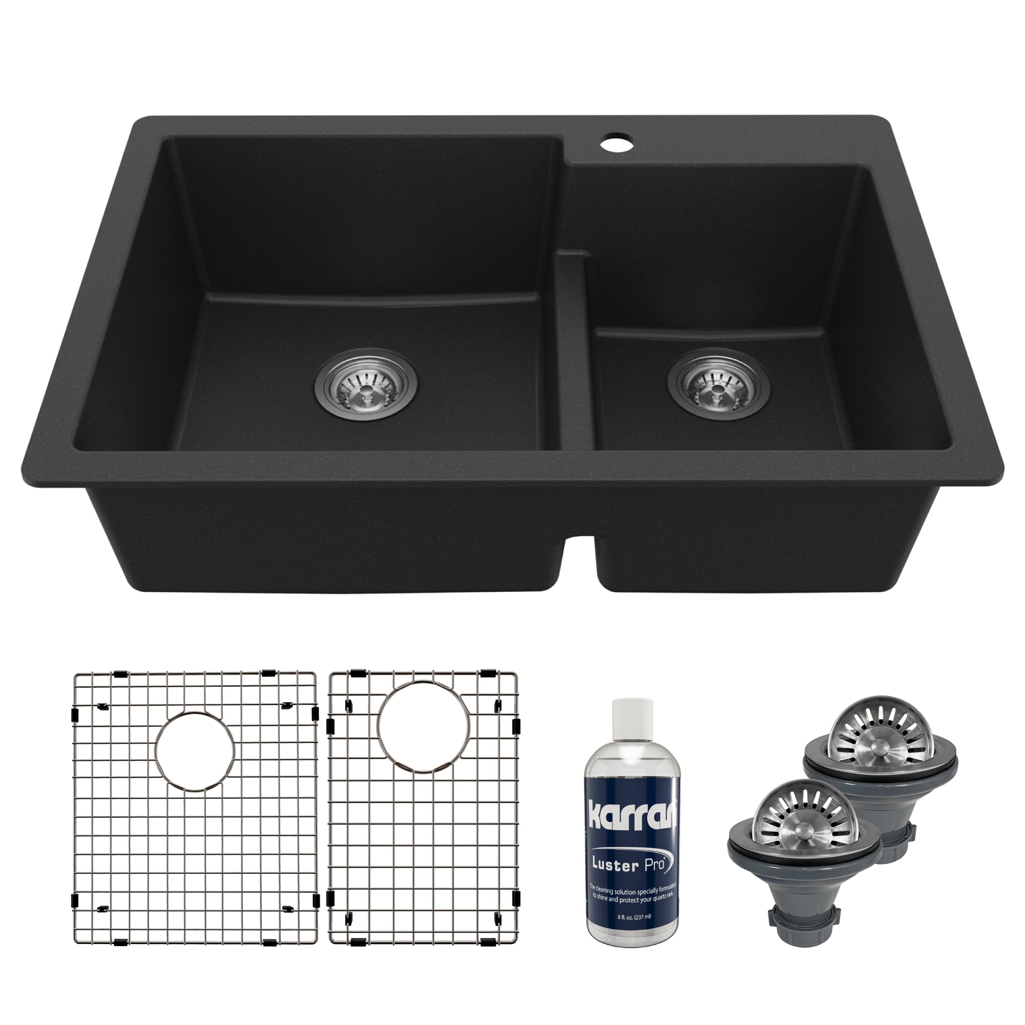 Main Image of Karran 33" Drop In/Topmount Quartz Composite Kitchen Sink with Accessories, 60/40 Double Bowl, Black, QT-811-BL-PK1