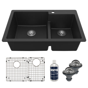 Main Image of Karran 33" Drop In/Topmount Quartz Composite Kitchen Sink with Accessories, 60/40 Double Bowl, Black, QT-811-BL-PK1