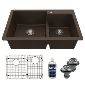 Main Image of Karran 33" Drop In/Topmount Quartz Composite Kitchen Sink with Accessories, 60/40 Double Bowl, Brown, QT-811-BR-PK1