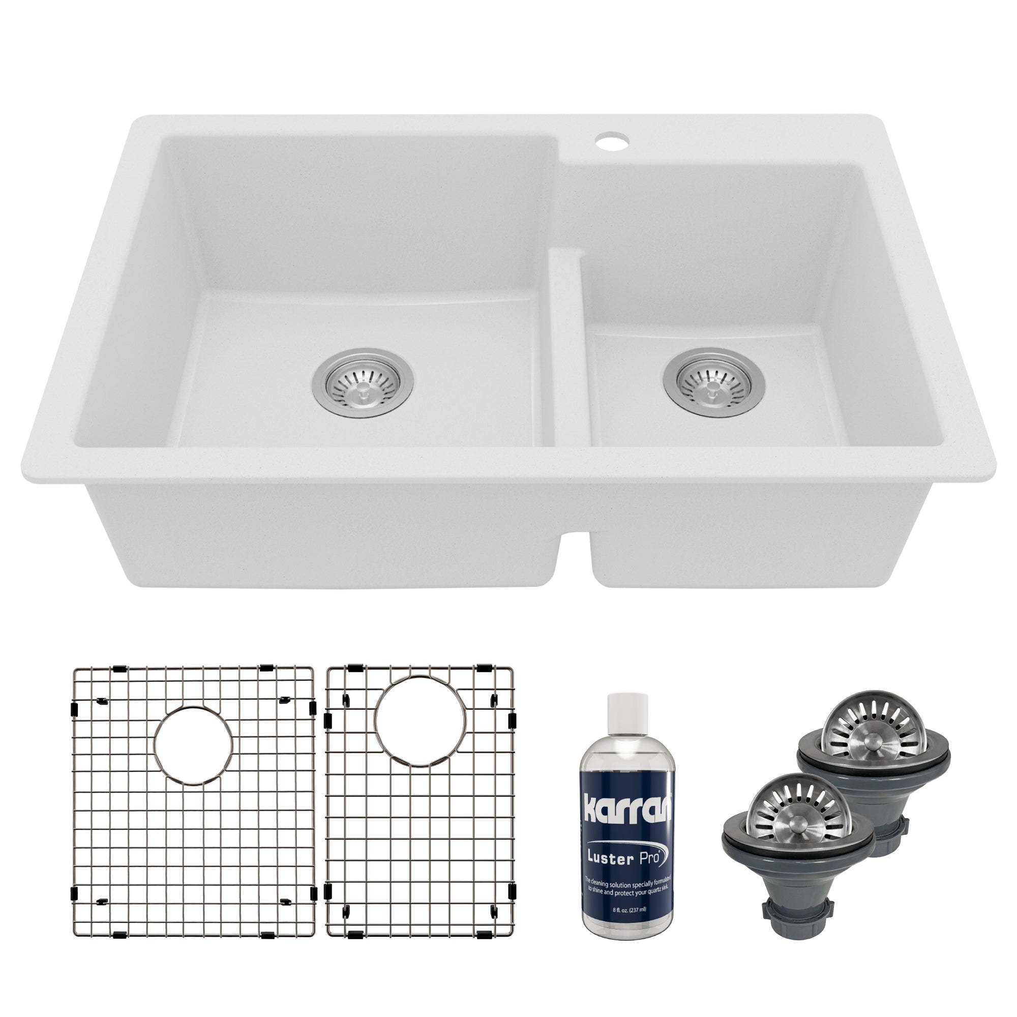 Main Image of Karran 33" Drop In/Topmount Quartz Composite Kitchen Sink with Accessories, 60/40 Double Bowl, White, QT-811-WH-PK1