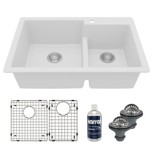 Main Image of Karran 33" Drop In/Topmount Quartz Composite Kitchen Sink with Accessories, 60/40 Double Bowl, White, QT-811-WH-PK1