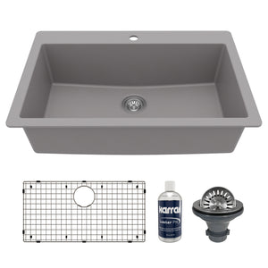 Main Image of Karran 33" Drop In/Topmount Quartz Composite Kitchen Sink with Accessories, Grey, QT-812-GR-PK1