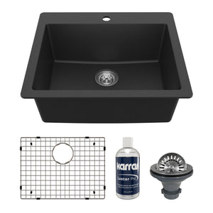 Main Image of Karran 25" Drop In/Topmount Quartz Composite Kitchen Sink with Accessories, Black, QT-820-BL-PK1