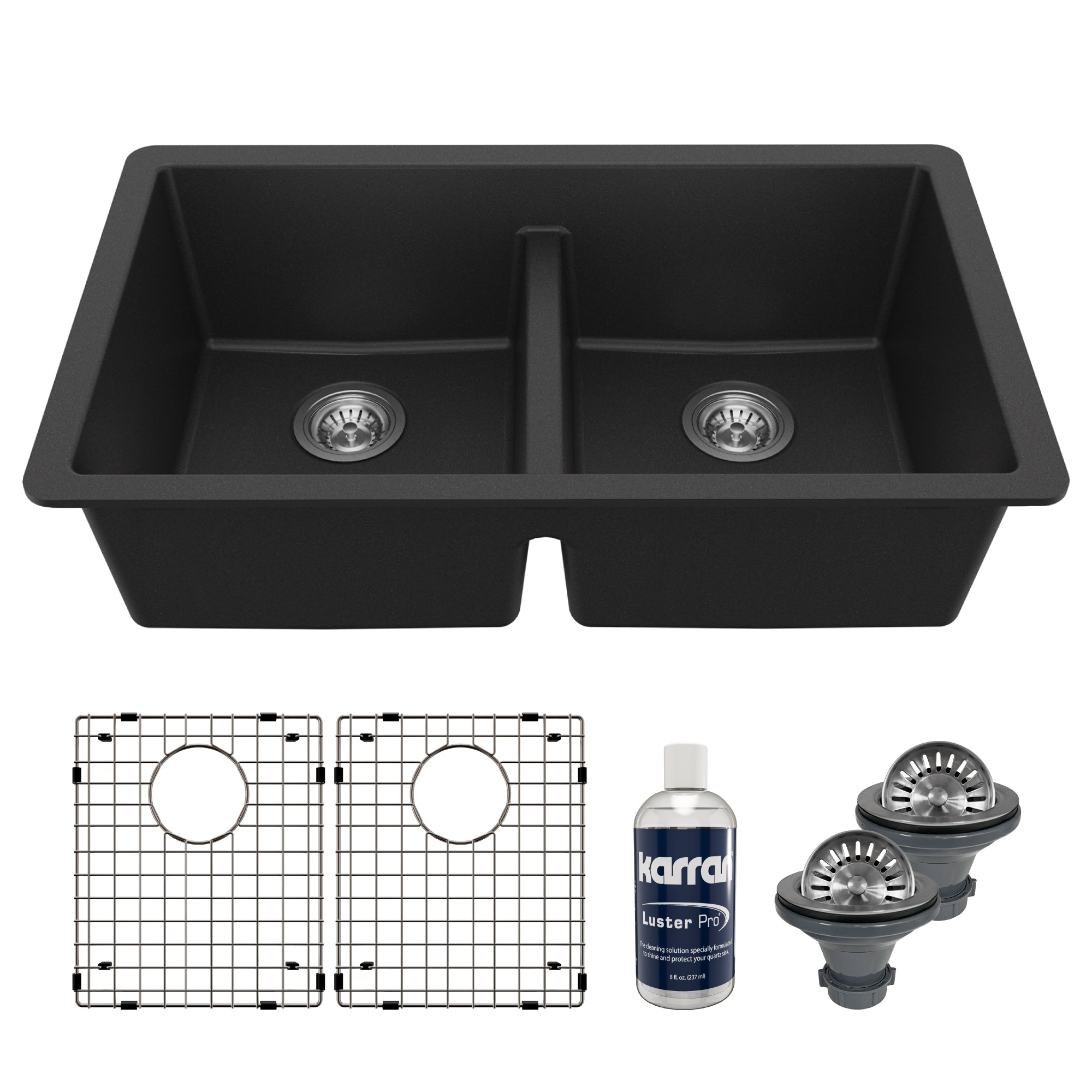 Main Image of Karran 32" Undermount Quartz Composite Kitchen Sink with Accessories, 50/50 Double Bowl, Black, QU-810-BL-PK1