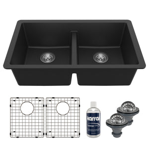 Main Image of Karran 32" Undermount Quartz Composite Kitchen Sink with Accessories, 50/50 Double Bowl, Black, QU-810-BL-PK1