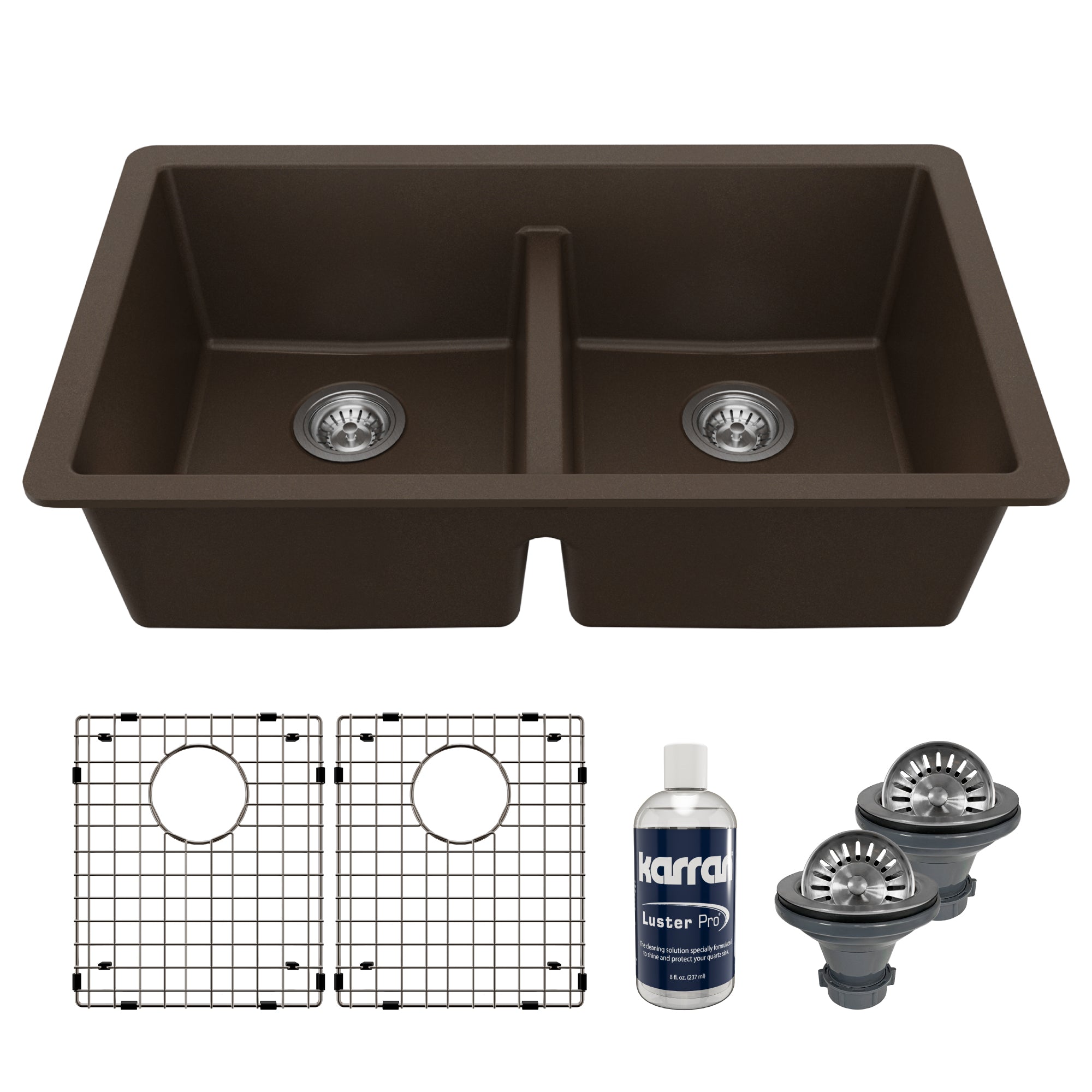 Main Image of Karran 32" Undermount Quartz Composite Kitchen Sink with Accessories, 50/50 Double Bowl, Brown, QU-810-BR-PK1