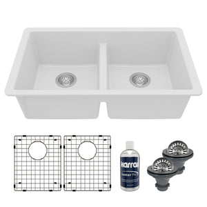 Main Image of Karran 32" Undermount Quartz Composite Kitchen Sink with Accessories, 50/50 Double Bowl, White, QU-810-WH-PK1