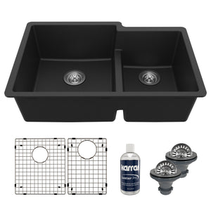 Main Image of Karran 32" Undermount Quartz Composite Kitchen Sink with Accessories, 60/40 Double Bowl, Black, QU-811-BL-PK1