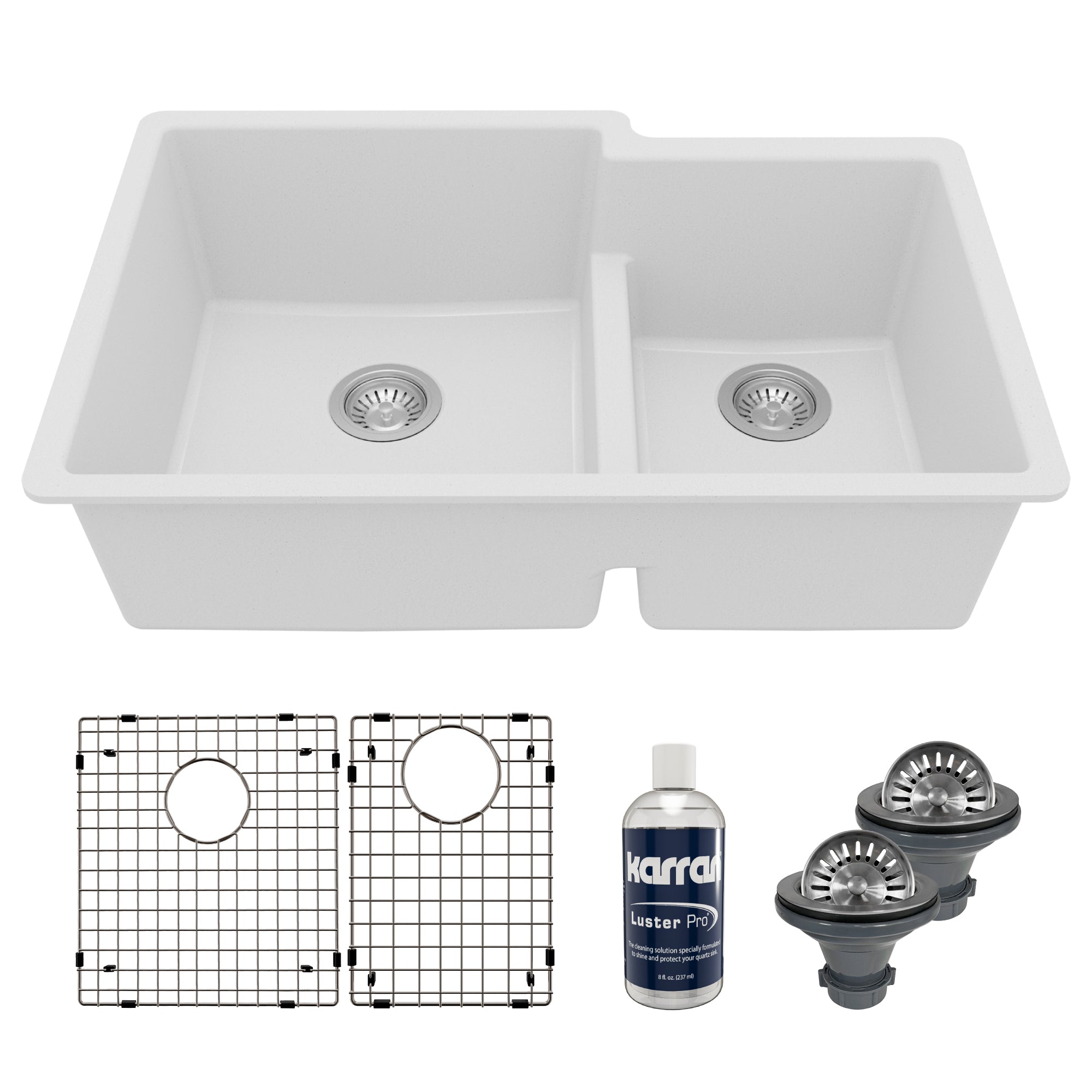 Main Image of Karran 32" Undermount Quartz Composite Kitchen Sink with Accessories, 60/40 Double Bowl, White, QU-811-WH-PK1