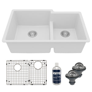 Main Image of Karran 32" Undermount Quartz Composite Kitchen Sink with Accessories, 60/40 Double Bowl, White, QU-811-WH-PK1