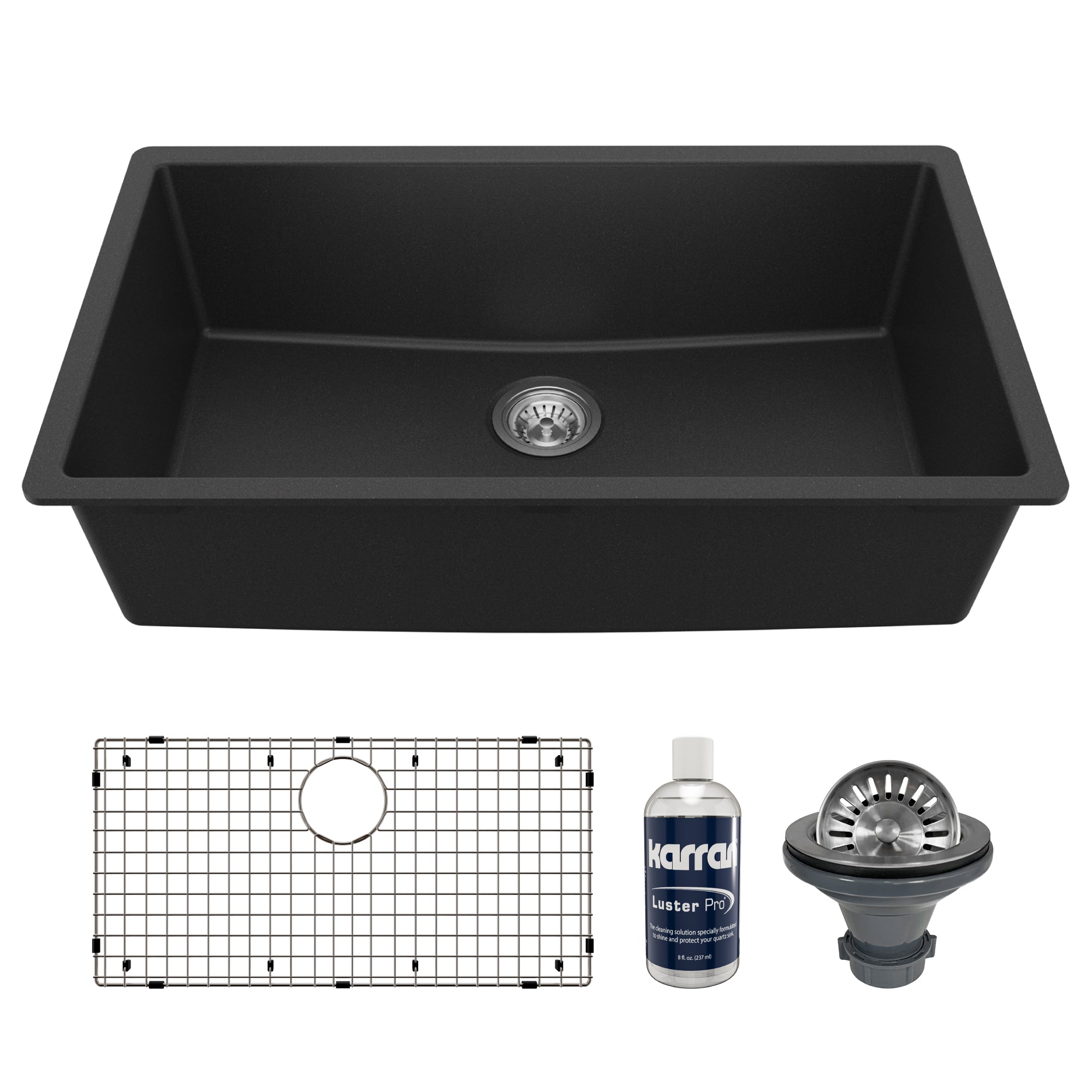 Main Image of Karran 32" Undermount Quartz Composite Kitchen Sink with Accessories, Black, QU-812-BL-PK1