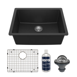 Main Image of Karran 24" Undermount Quartz Composite Kitchen Sink with Accessories, Black, QU-820-BL-PK1