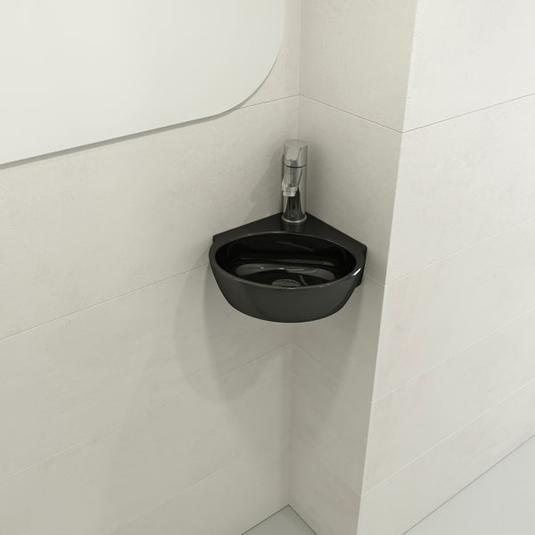 BOCCHI Milano 13" Oval Corner Fireclay Bathroom Sink, Black, Single Faucet Hole, 1392-005-0126