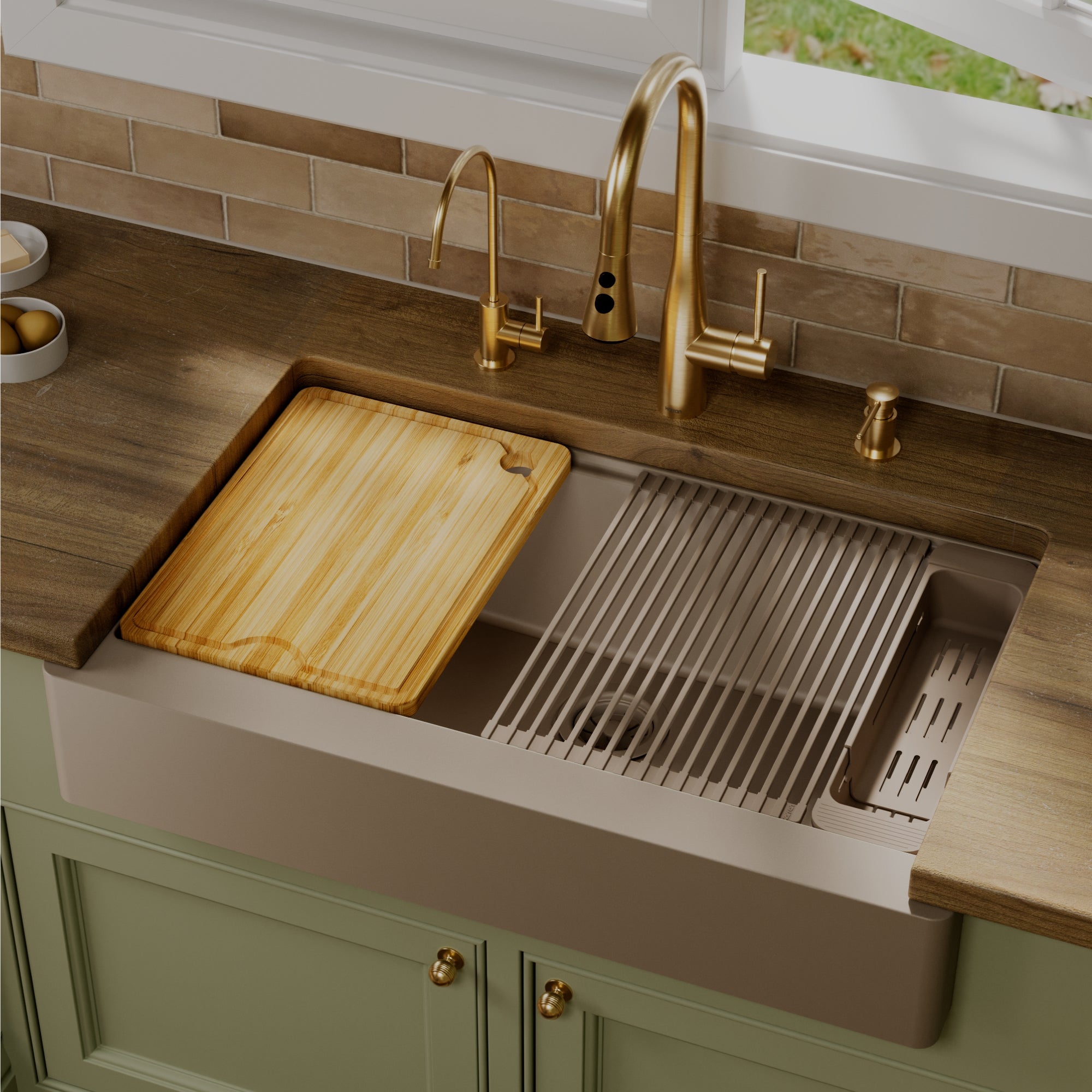 Karran 34 quartz composite retrofit workstation farmhouse sink concrete lifestyle image