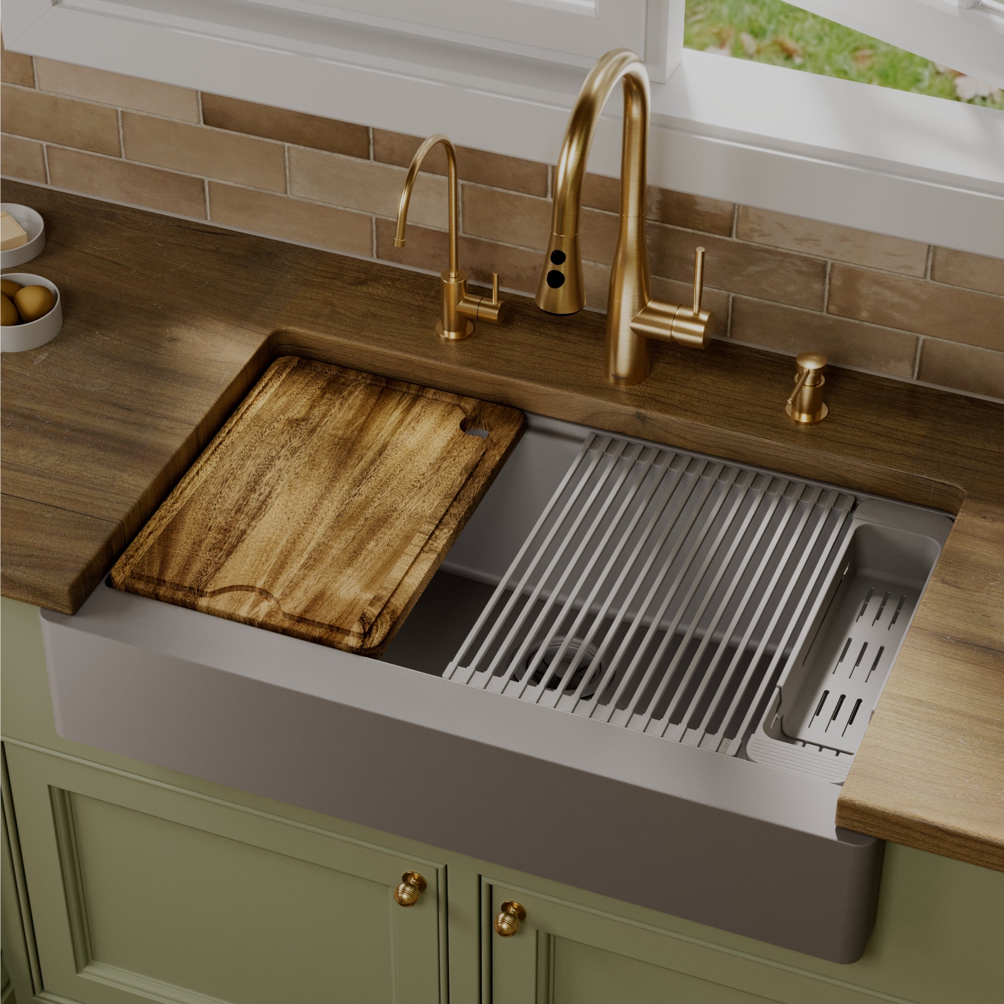 Karran 34 quartz composite retrofit workstation farmhouse sink grey lifestyle image
