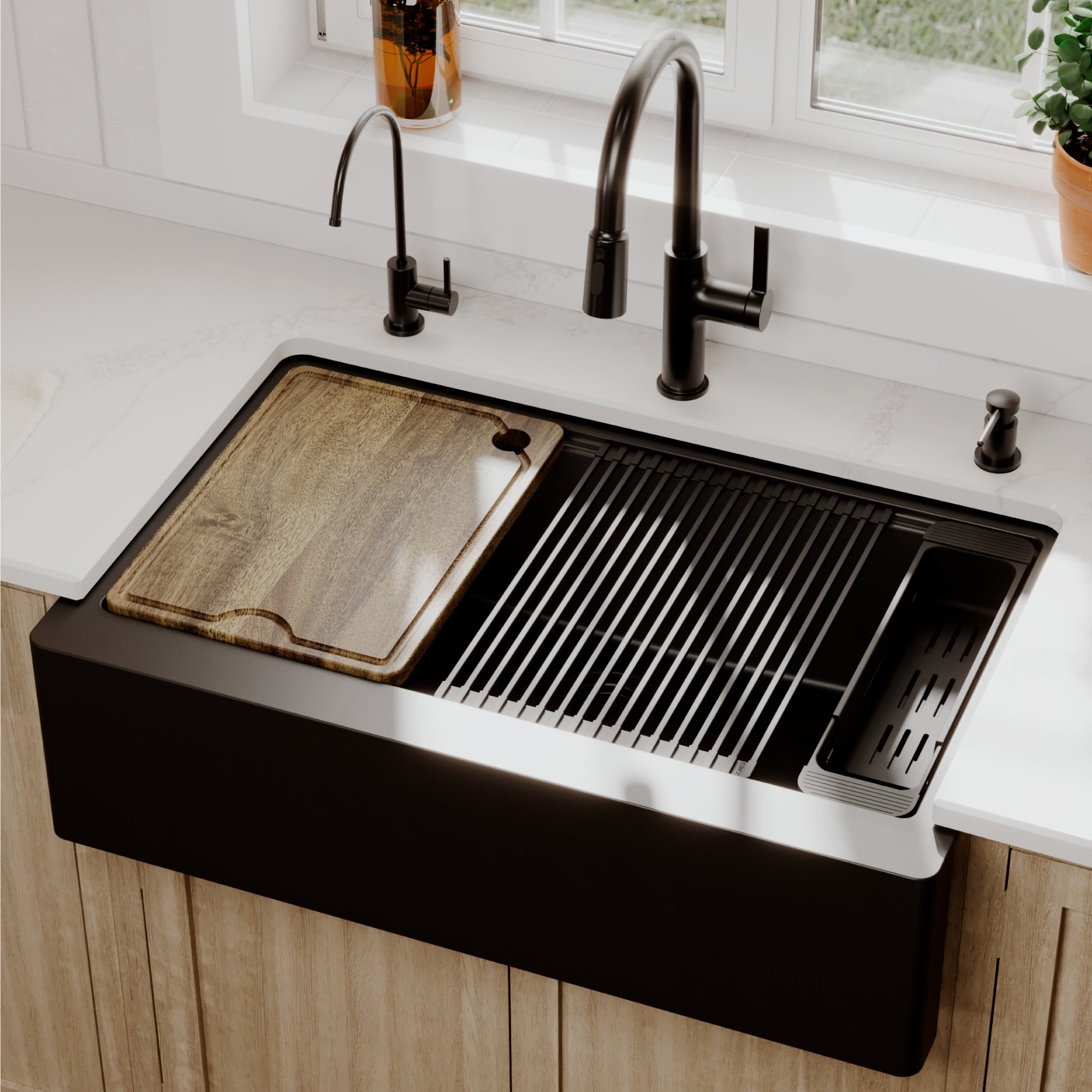 Karran 34 quartz composite workstation farmhouse sink black lifestyle image
