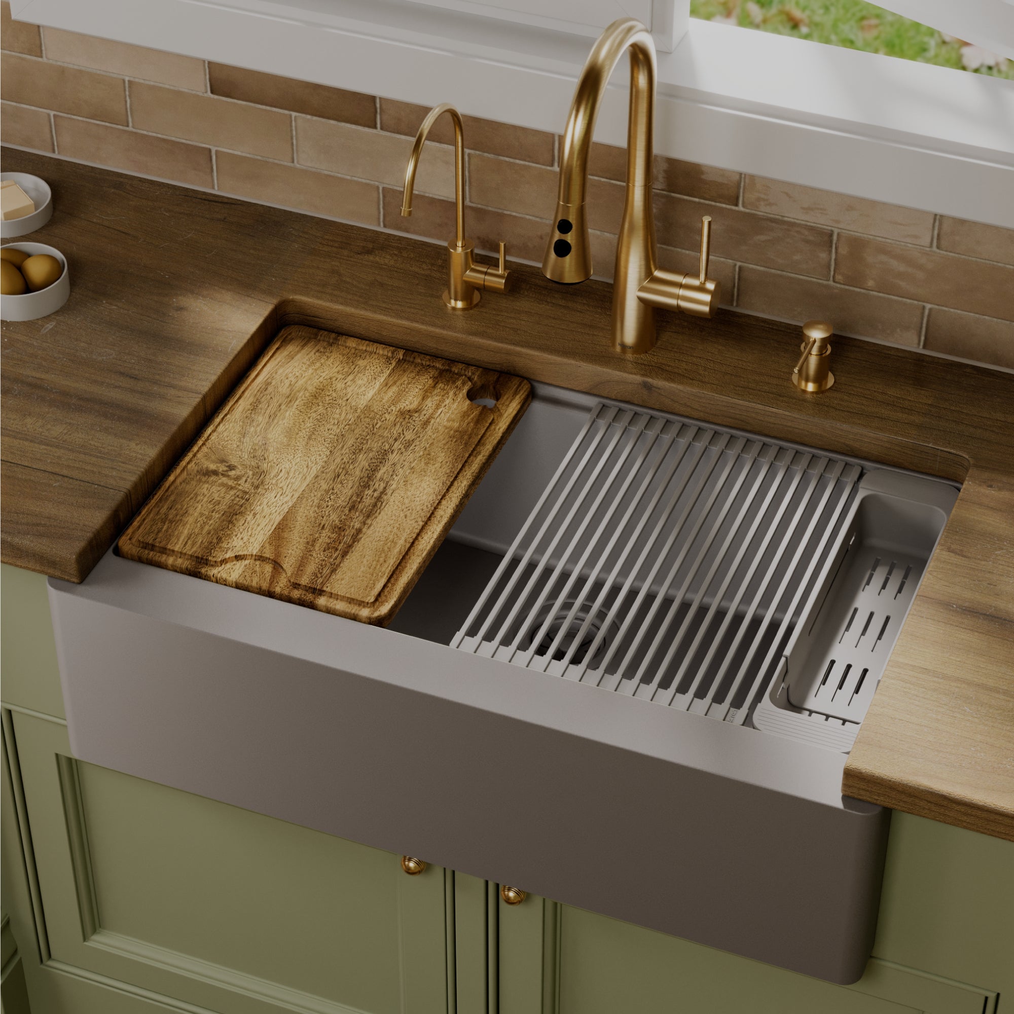 Karran 34 quartz composite workstation farmhouse sink grey lifestyle image