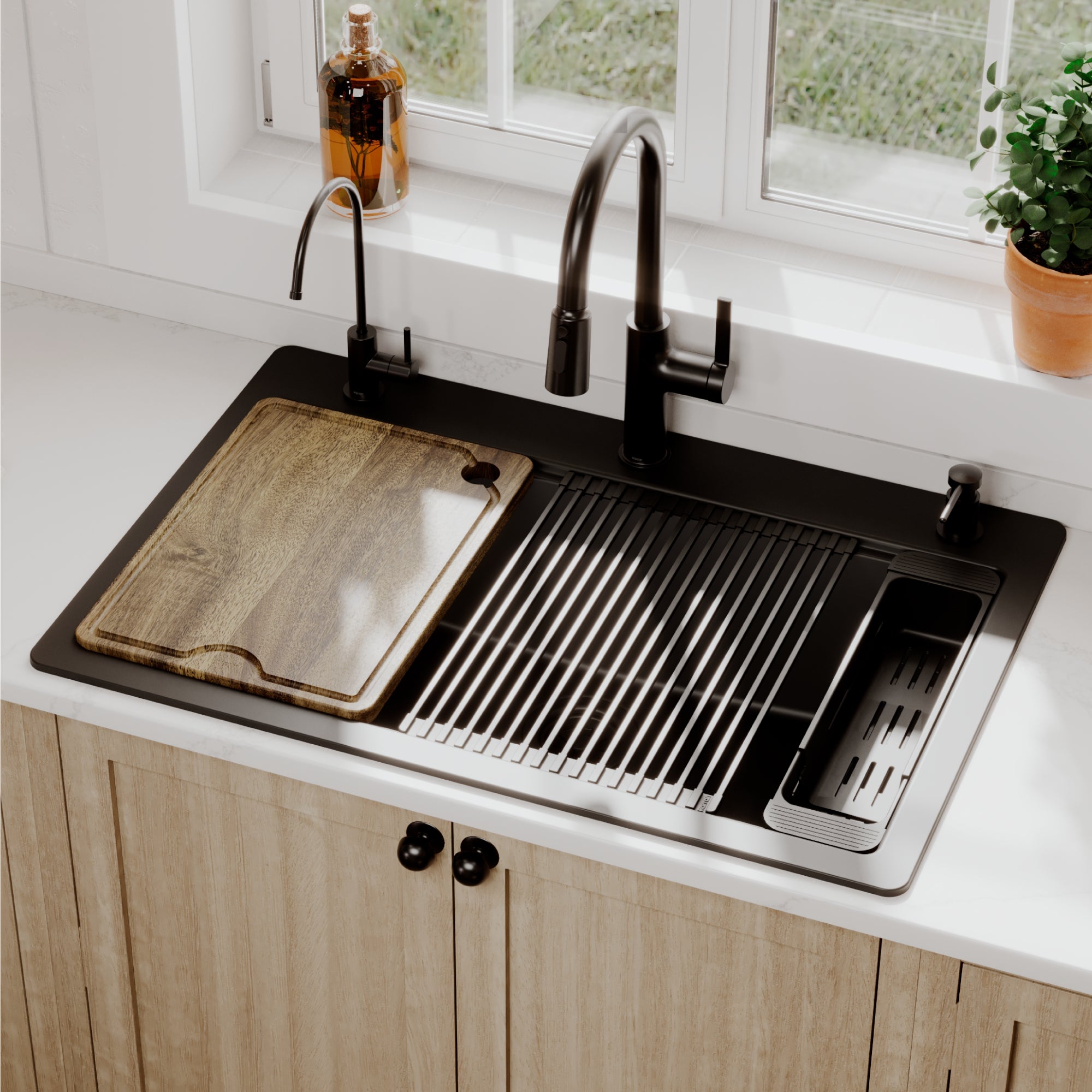 Karran 33 quartz composite workstation kitchen sink black lifestyle image