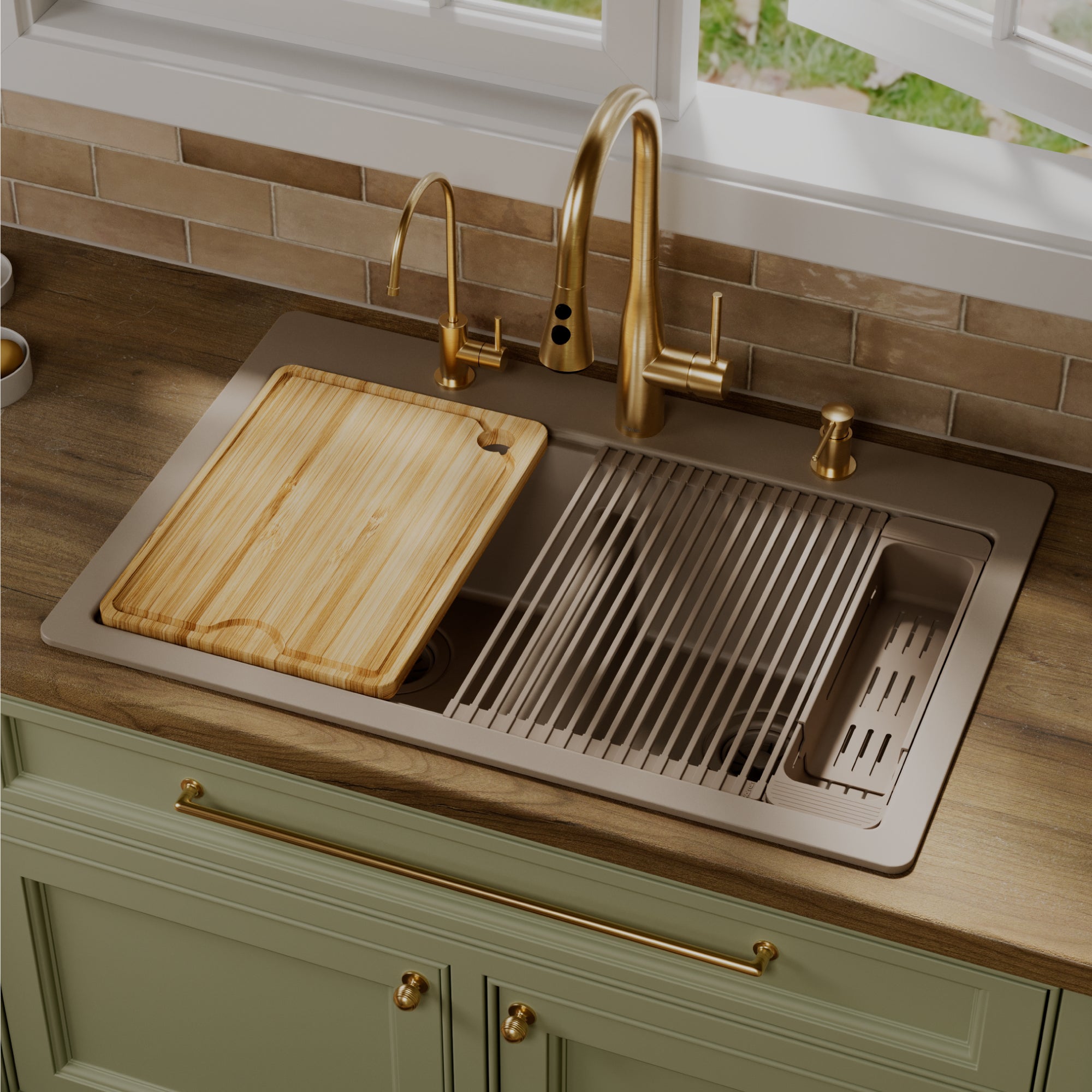 Karran 33 quartz composite workstation kitchen sink 50/50 double bowl concrete lifestyle image