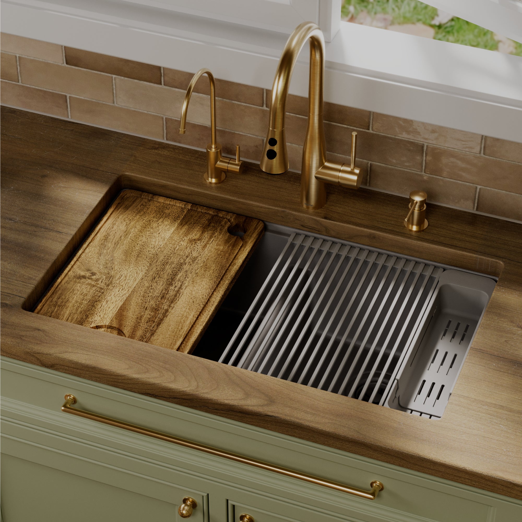 Karran 32 quartz composite workstation kitchen sink 50/50 double bowl grey lifestyle image
