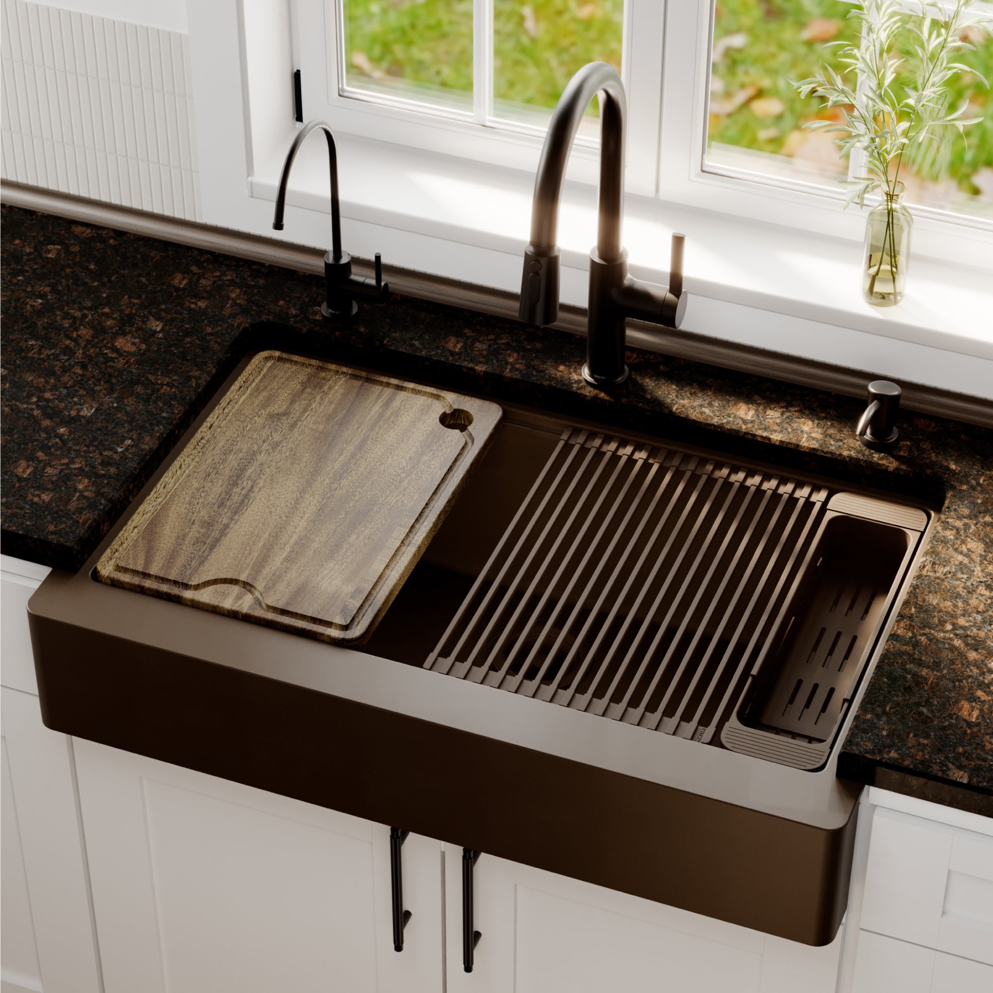Karran 34 quartz composite retrofit workstation farmhouse sink brown lifestyle image