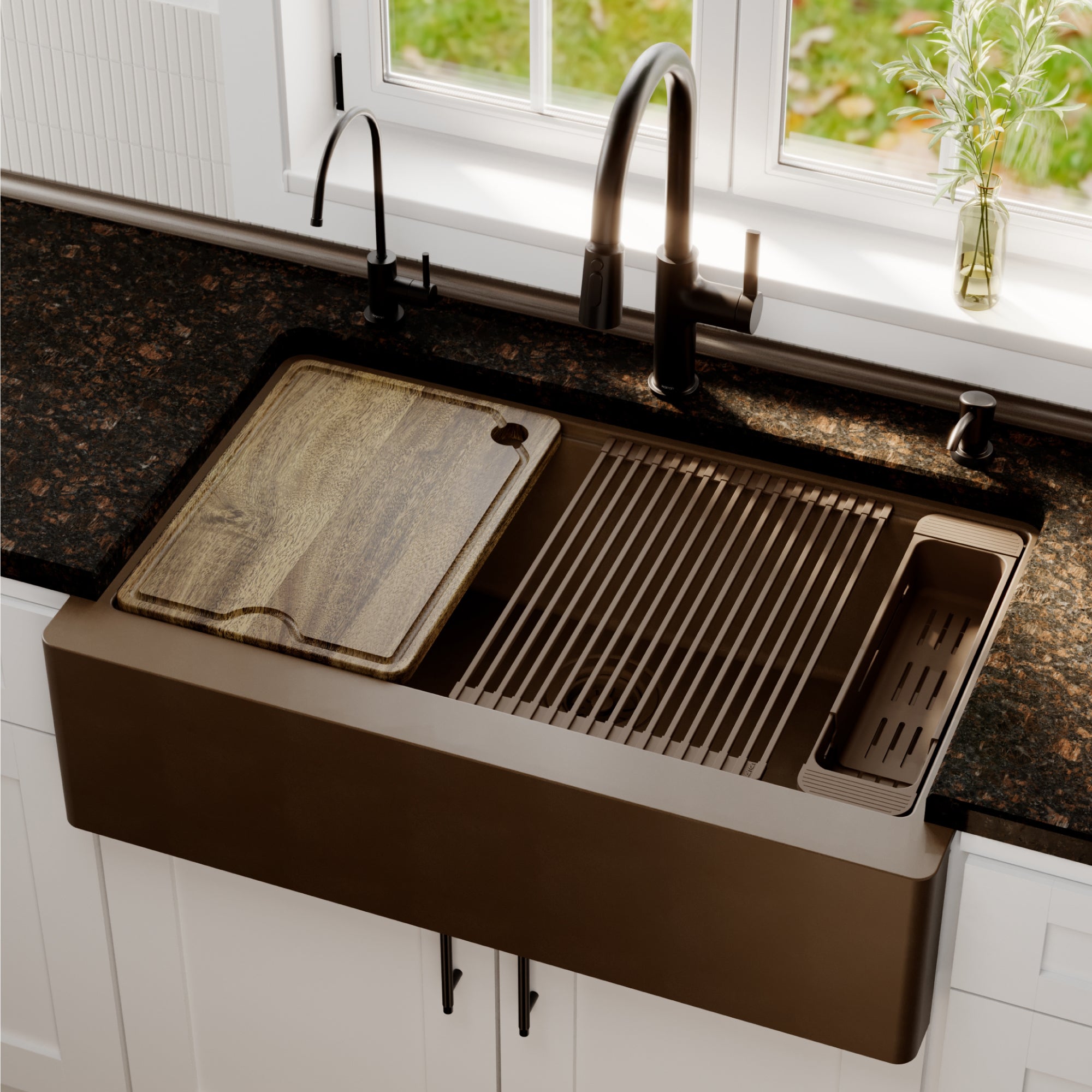 Karran 34 quartz composite workstation farmhouse sink brown lifestyle image