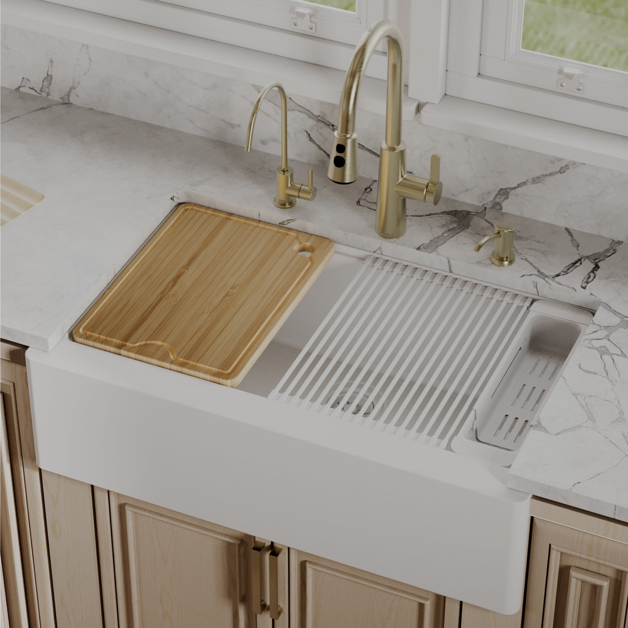 Karran 34 quartz composite workstation farmhouse sink white lifestyle image