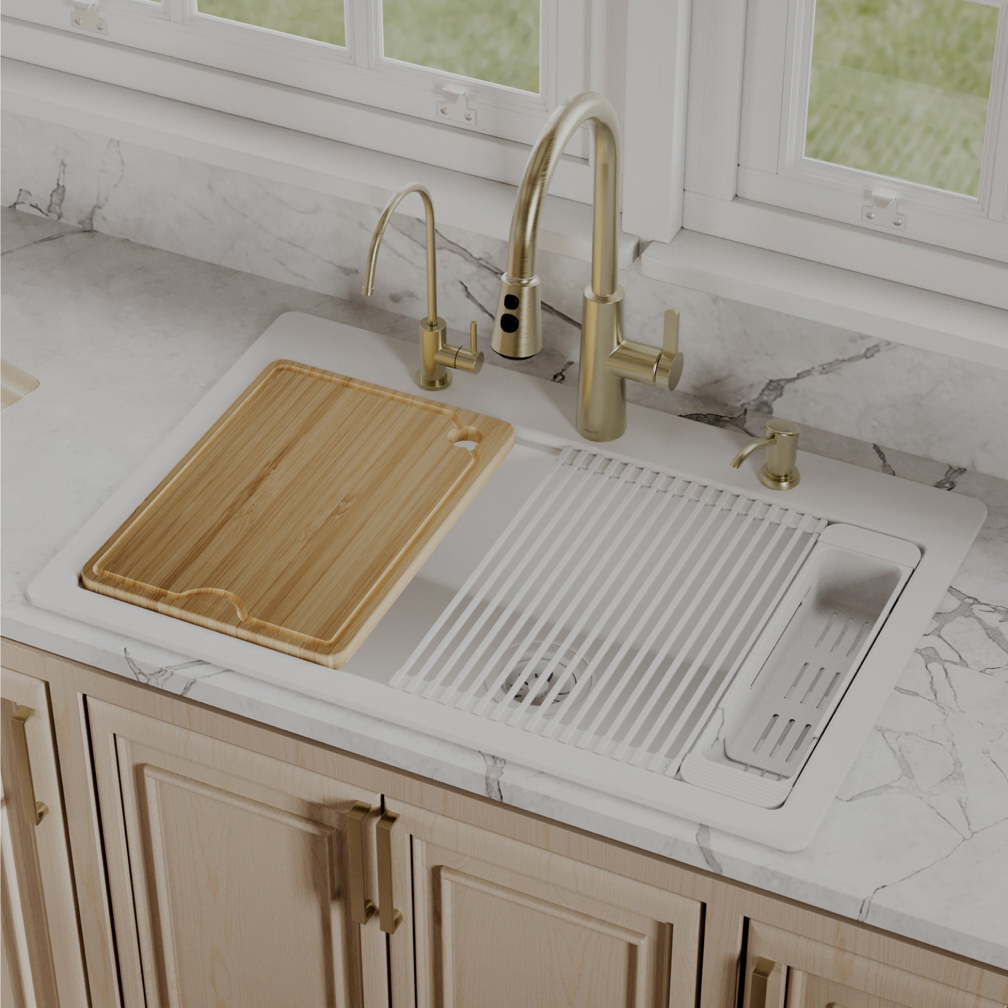 Karran 33 quartz composite workstation kitchen sink white lifestyle image