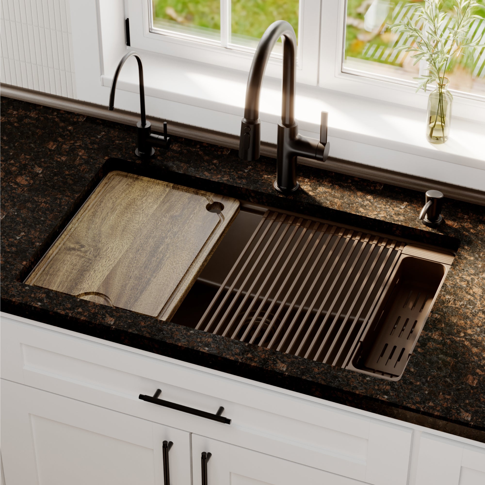 Karran 32 quartz composite workstation kitchen sink brown lifestyle image