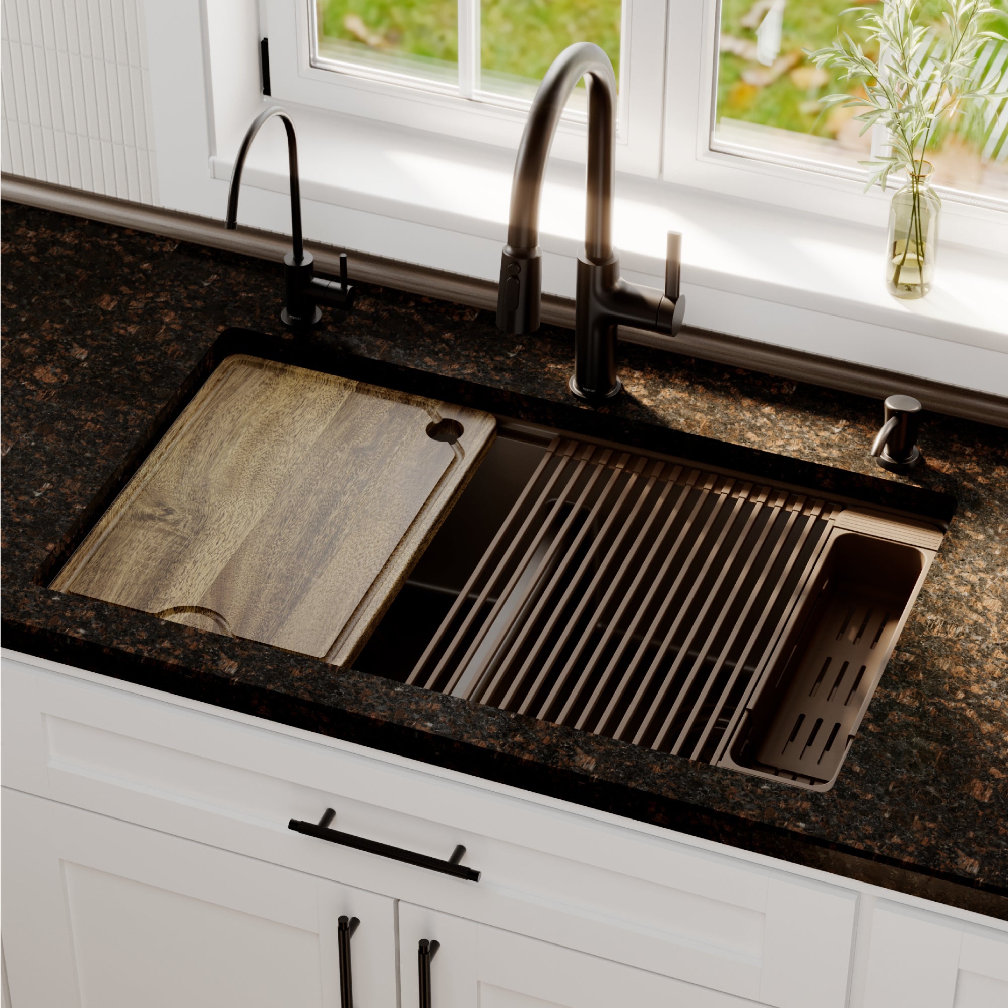 Karran 32 quartz composite workstation kitchen sink 50/50 double bowl brown lifestyle image