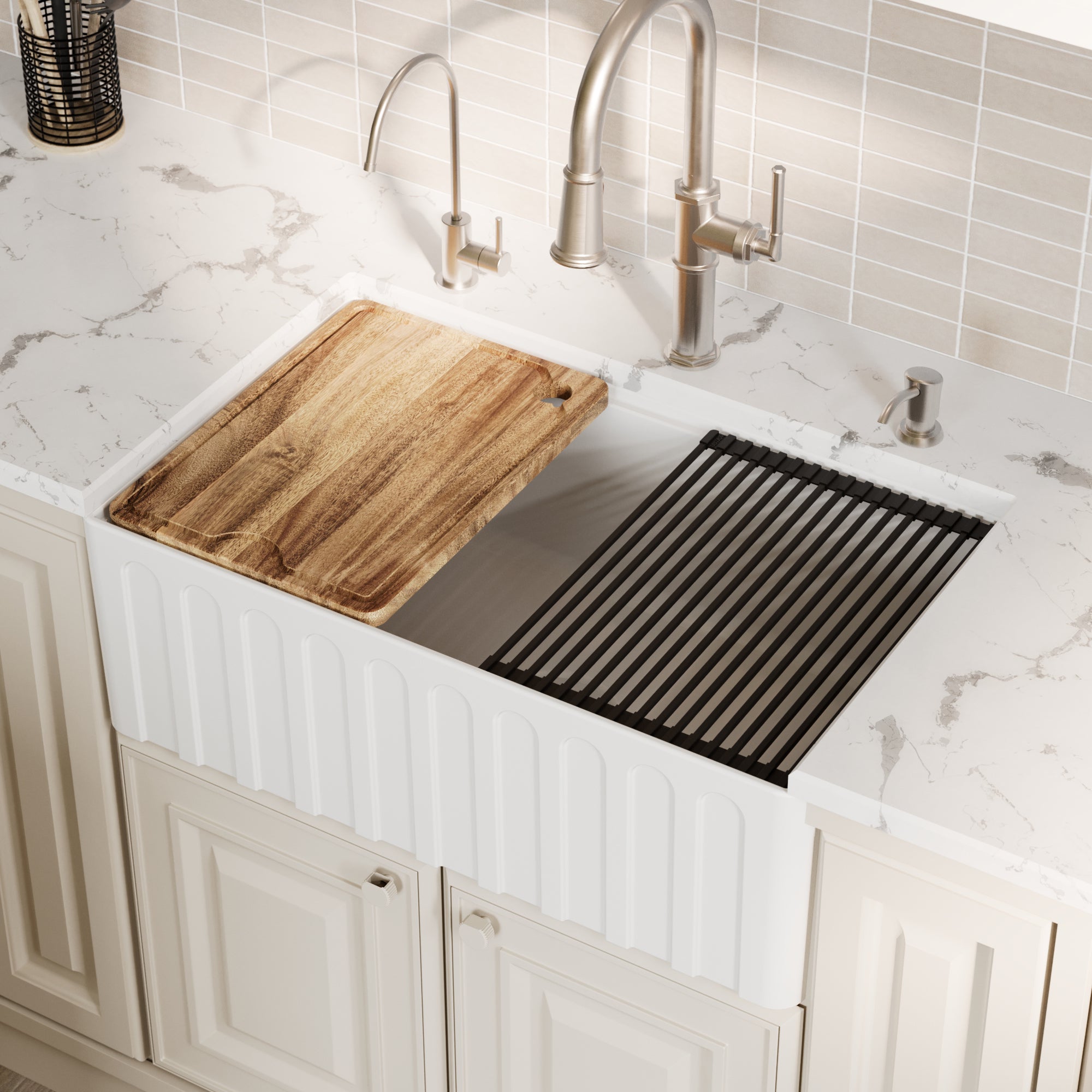 Alternative View of Karran Fireclay 30" Fireclay Workstation Farmhouse Sink with Accessories, White, FCWSF30SBWH-PK1