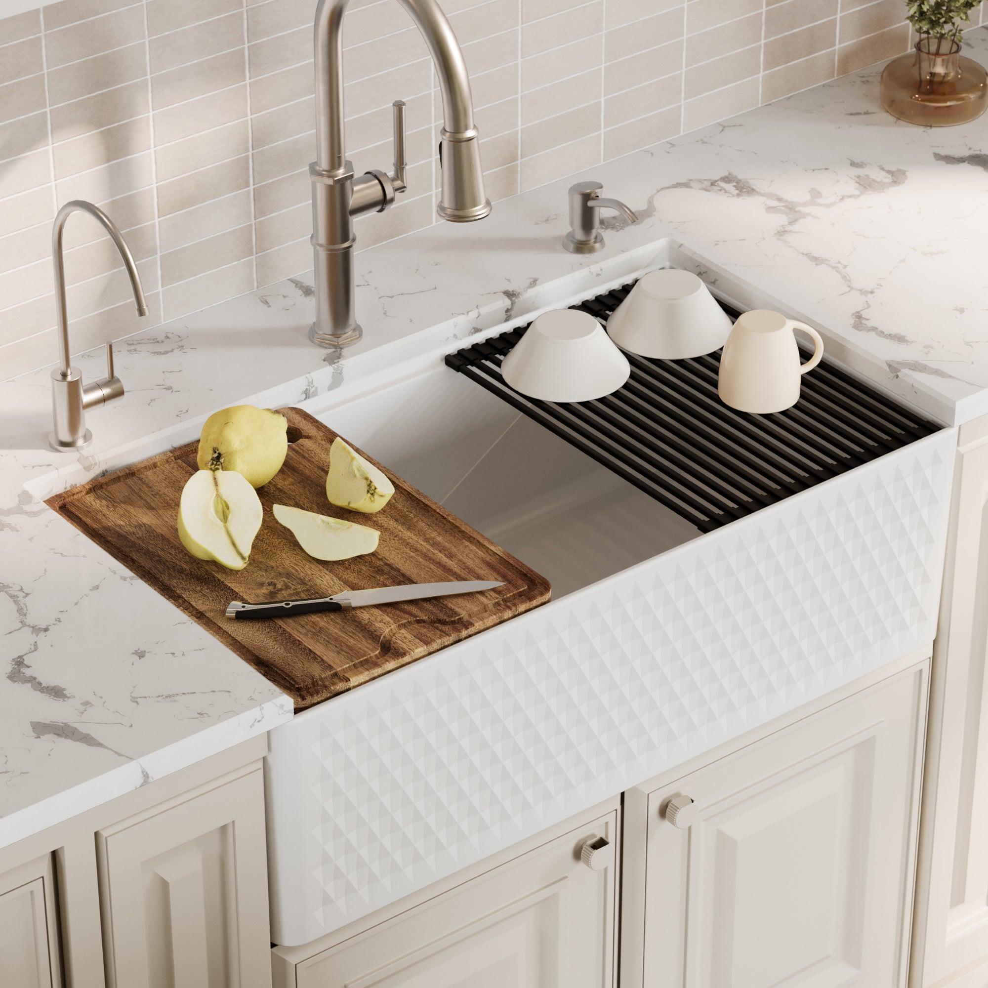 Alternative View of Karran Fireclay 33" Fireclay Workstation Farmhouse Sink with Accessories, White, FCWSD33SBWH-PK1