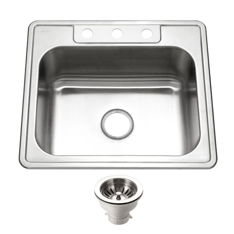 Houzer Glowtone 25" Stainless Steel Drop-in Topmount 3-hole Single Bowl 8 inch Deep Kitchen Sink with Strainer - 20 Gauge, 2522-8BS3-C