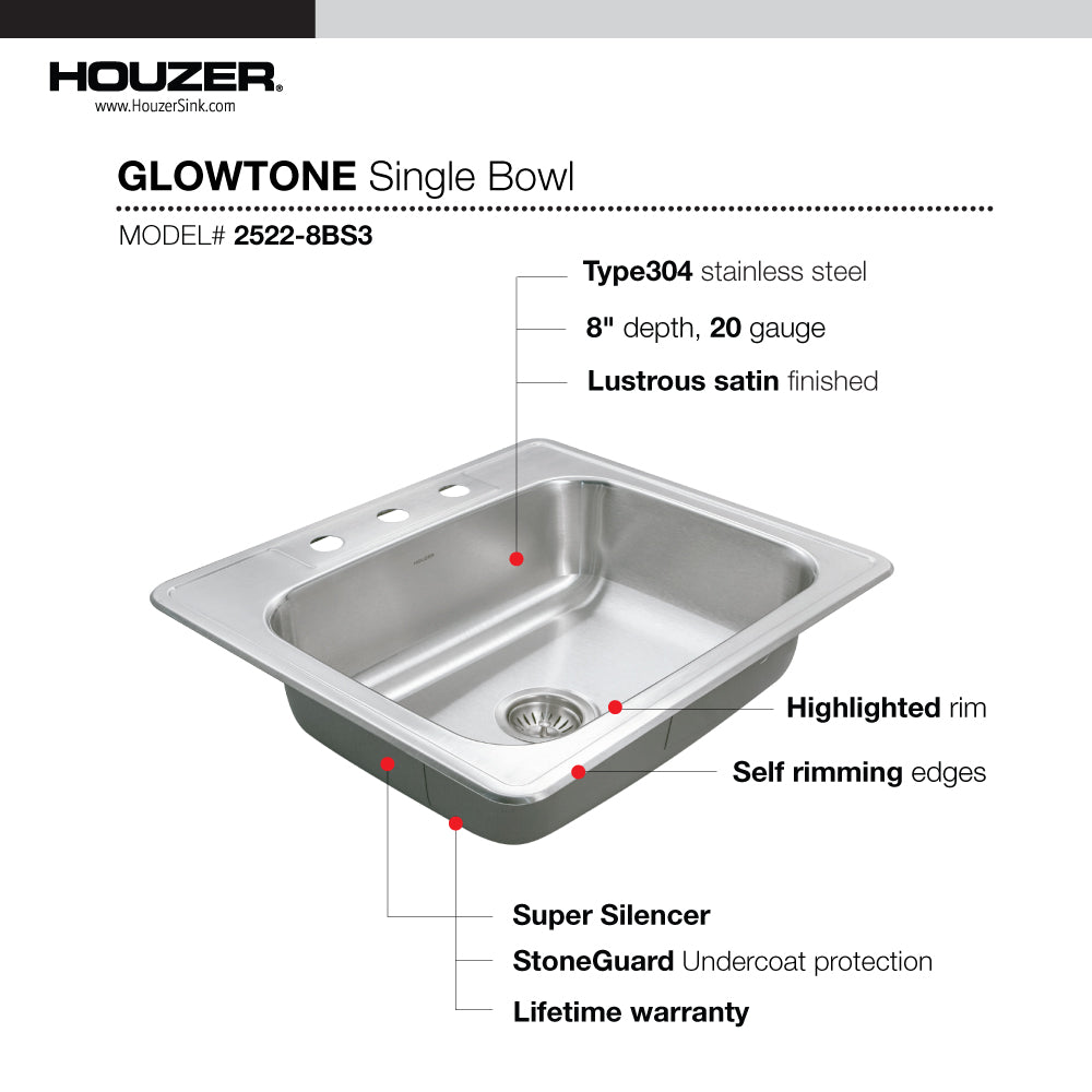 Houzer Glowtone 25" Stainless Steel Drop-in Topmount 3-hole Single Bowl 8 inch Deep Kitchen Sink with Strainer - 20 Gauge, 2522-8BS3-C