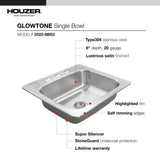 Houzer 25" Stainless Steel Topmount Single Bowl Kitchen Sink, 20 Gauge, 2522-8BS3-1