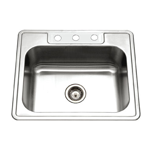 Houzer Glowtone 25" Stainless Steel Drop-in Topmount 3-hole Single Bowl 8 inch Deep Kitchen Sink with Strainer - 20 Gauge, 2522-8BS3-C