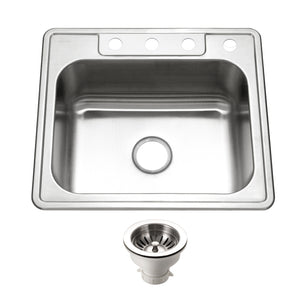 Alternate Image for Houzer Glowtone 25" Stainless Steel Drop-in Topmount 4-hole Single Bowl 8 inch Deep Kitchen Sink with Strainer - 20 Gauge, 2522-8BS4-C