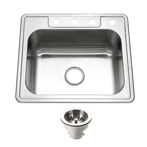 Houzer Glowtone 25" Stainless Steel Drop-in Topmount 4-hole Single Bowl 8 inch Deep Kitchen Sink with Strainer - 20 Gauge, 2522-8BS4-C