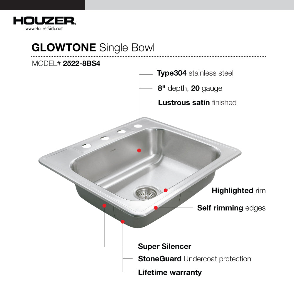 Houzer Glowtone 25" Stainless Steel Drop-in Topmount 4-hole Single Bowl 8 inch Deep Kitchen Sink with Strainer - 20 Gauge, 2522-8BS4-C