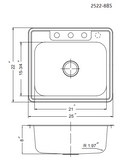 Houzer 25" Stainless Steel Topmount Single Bowl Kitchen Sink, 20 Gauge, 2522-8BS3-1