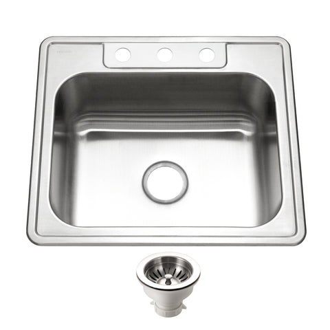 Houzer Glowtone 25" Stainless Steel Drop-in Topmount 3-hole Single Bowl 9 inch Deep Kitchen Sink with Strainer - 18 Gauge, 2522-9BS3-C