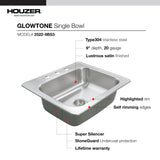 Houzer 25" Stainless Steel Topmount Single Bowl Kitchen Sink, 18 Gauge, 2522-9BS3-1