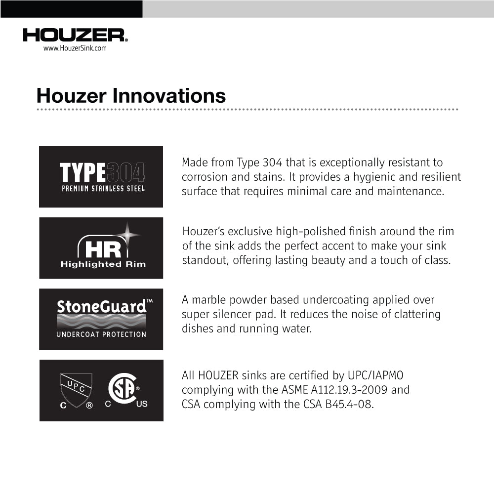 Houzer 25" Stainless Steel Topmount Single Bowl Kitchen Sink, 18 Gauge, 2522-9BS3-1