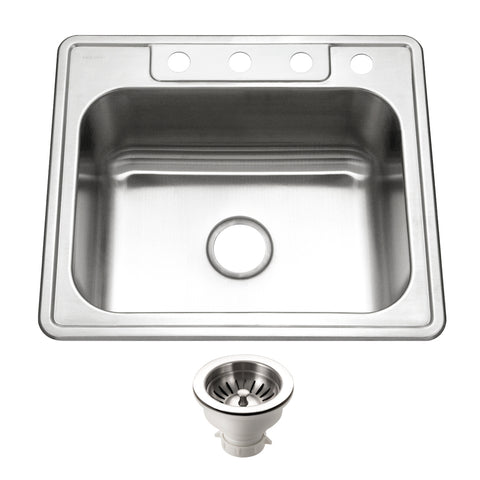 Houzer Glowtone 25" Stainless Steel Topmount 4-hole Single Bowl Kitchen Sink with 9 inch Depth, with Strainer - 18 Gauge, 2522-9BS4-C