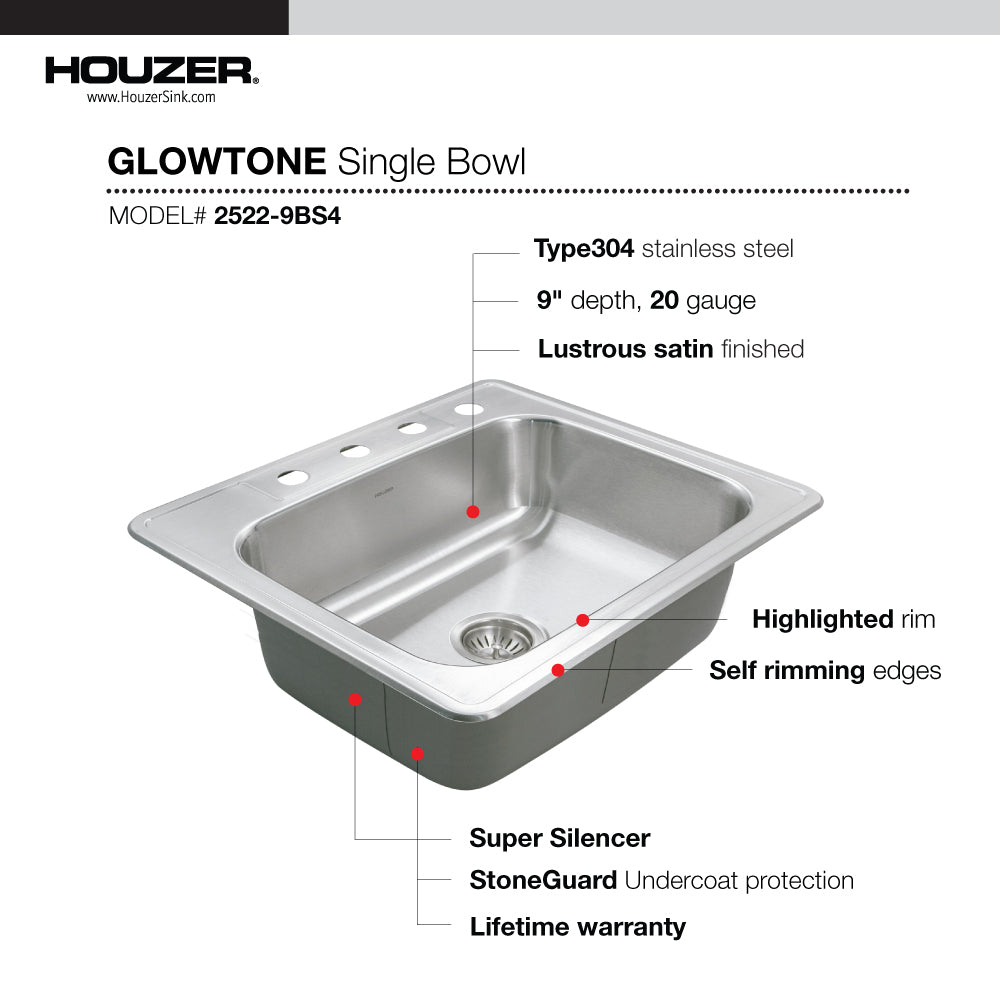 Houzer Glowtone 25" Stainless Steel Topmount 4-hole Single Bowl Kitchen Sink with 9 inch Depth, with Strainer - 18 Gauge, 2522-9BS4-C