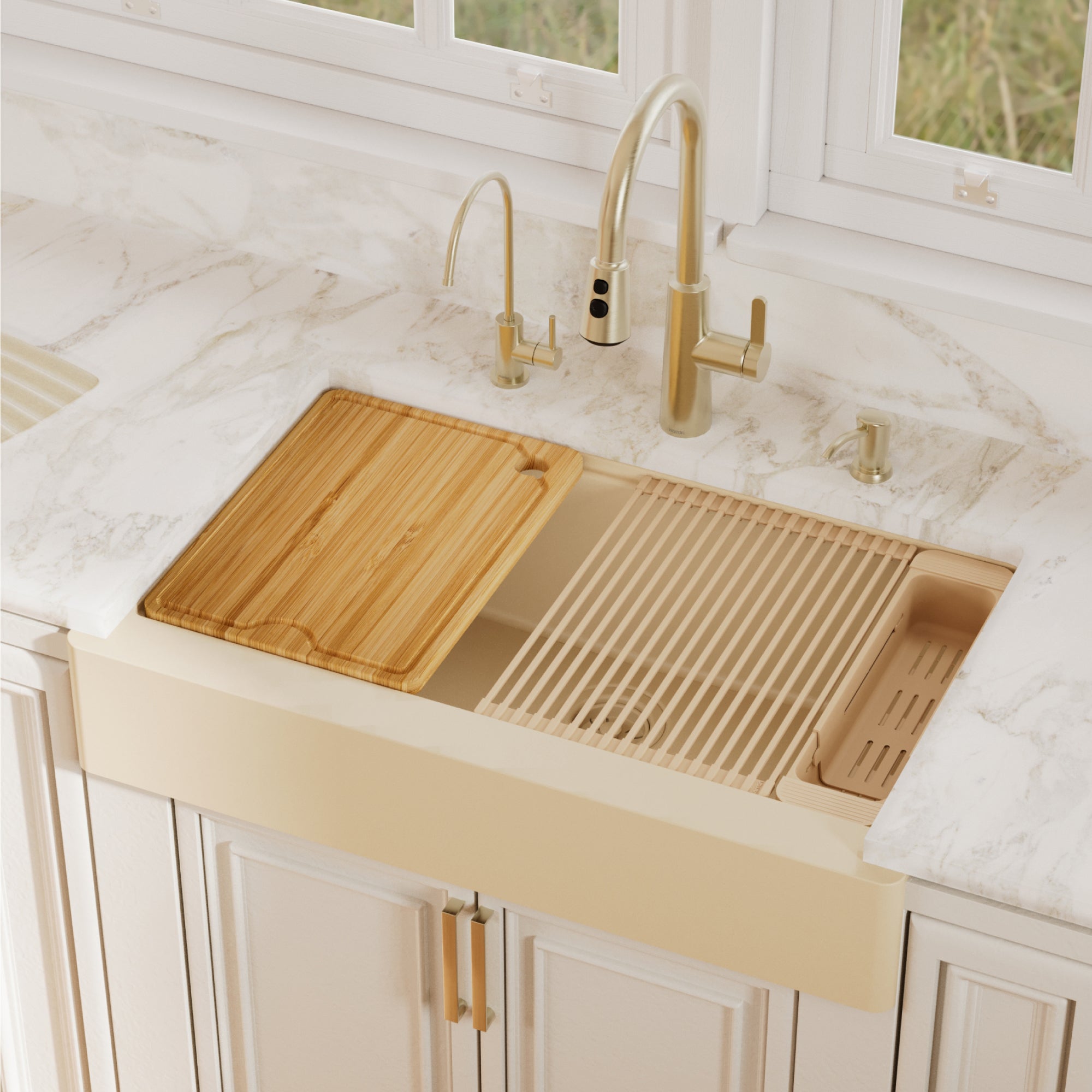 Karran 34 quartz composite retrofit workstation farmhouse sink bisque lifestyle image