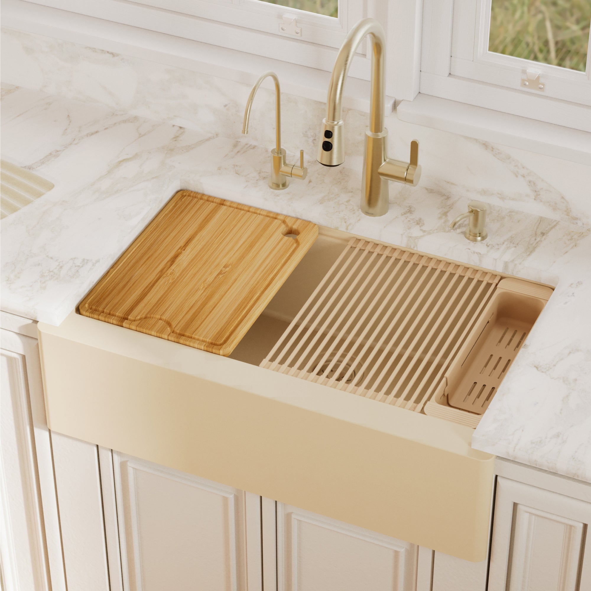 Karran 34 quartz composite workstation farmhouse sink bisque lifestyle image
